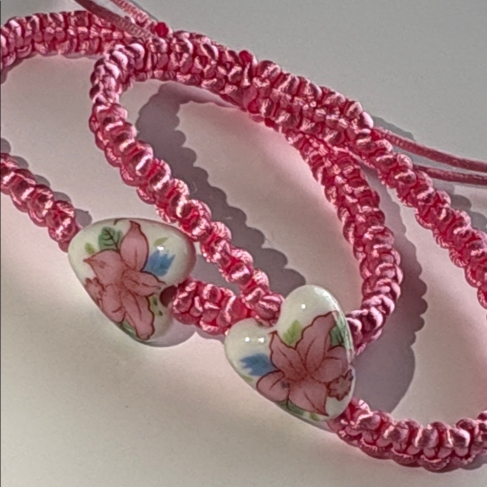 Friendship Pink floral beaded Heart Adjustable Bracelets 2